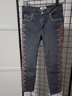 Isabel Marant ÈTOILE Charcoal Gray Cropped  Jeans with Side Lace Trim